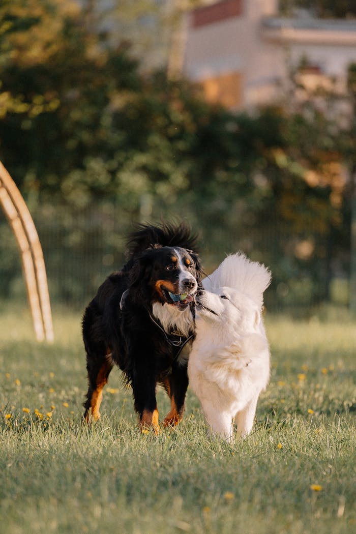 contact-img Two dogs, a Bernese Mountain Dog and a Samoyed, playing joyfully in a grassy park setting.